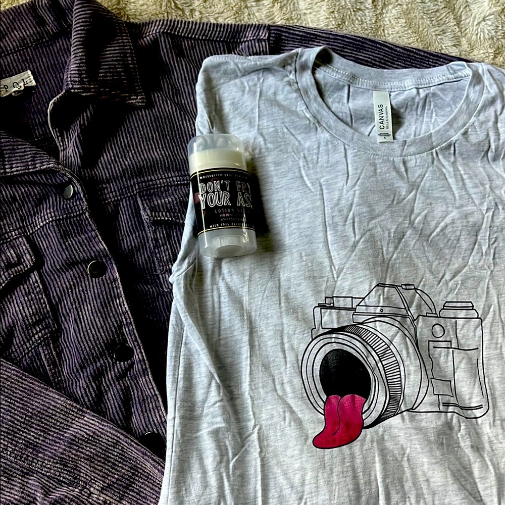 Novelty Camera Graphic T-Shirt with Playful Tongue Design